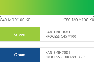 GRADIENT : C40 M0 Y100 K0 ~ C80 M0 Y100 K0, 
Green : pantone 368 c
process c45 y100, Green : pantone 280 c
process c100 M80 Y20