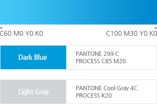 GRADIENT : C60 M0 Y0 K0 ~ C100 M30 Y0 K0, 
Dark Blue : pantone 299 c
process c85 M20, Light Gray : pantone Cool Gray 4C
process k20